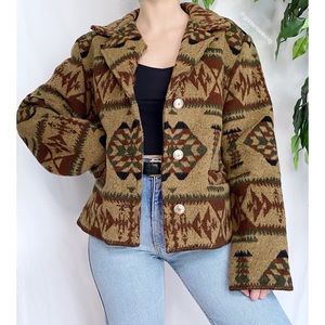 Vintage Wooded River Southwestern Aztec Retro Printed Bohemian Blazer Jacket